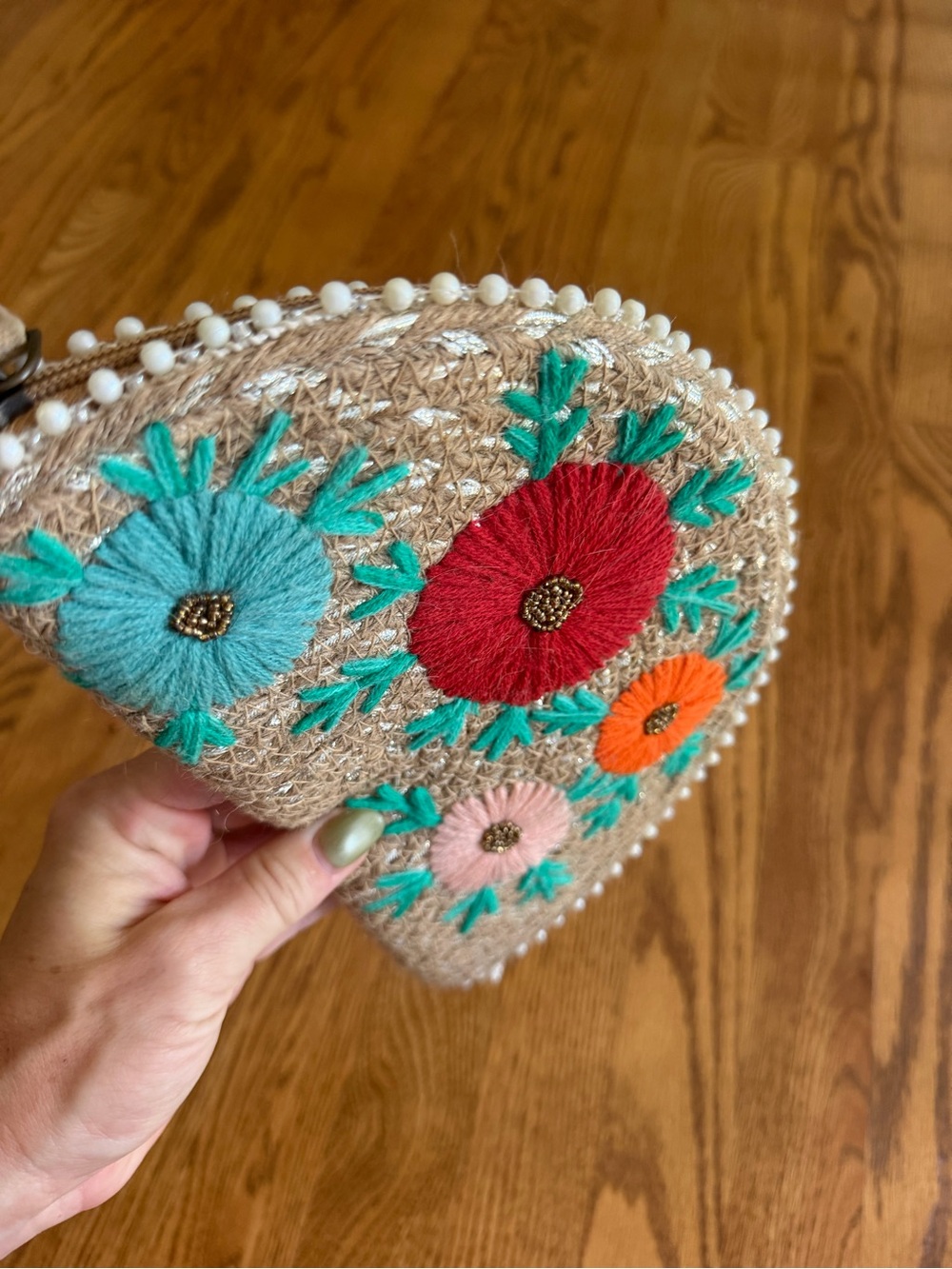 Antik Kraft Embroidered Straw half moon bag